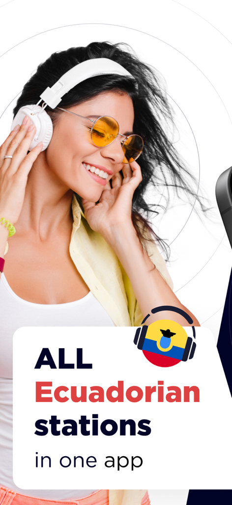 Radio Ecuador Live FM & AM - A smiling woman wearing headphones with text stating all Ecuadorian stations in one app