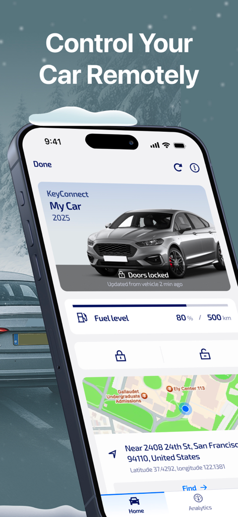 Interface of the KeyConnect app showing remote door lock status, fuel level, and car location on a map