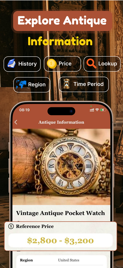 Antique Identifier Value by AI - Antique pocket watch identification screen with value estimate and history details