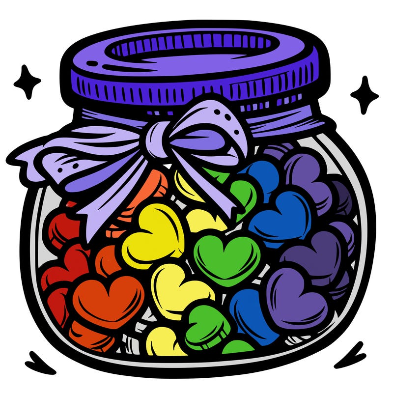 a jar filled with heart-shaped candies and a ribbon around the neck.