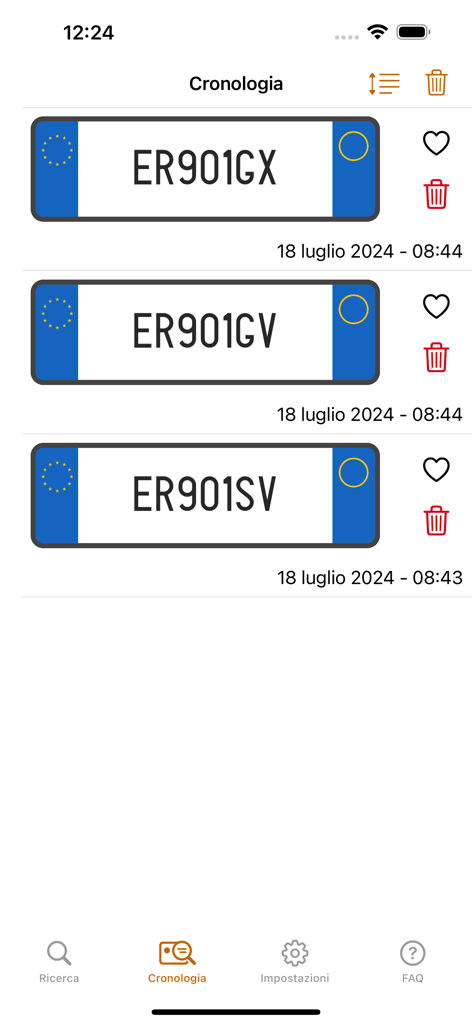 Scanner Veicoli - Search history page of Scanner Veicoli app showing Italian license plates