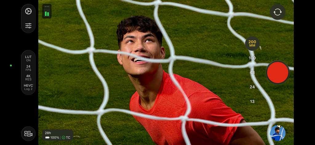 Final Cut Camera app interface showing professional manual controls for 4K video recording with log encoding and focal length settings