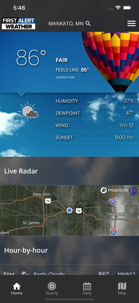 KEYC First Alert Weather app displaying current weather conditions and live radar for Mankato Minnesota
