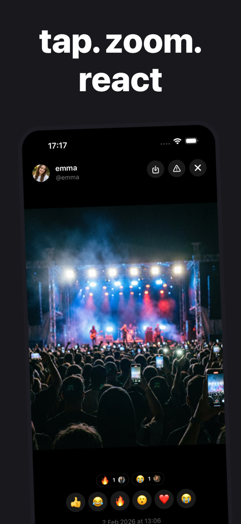 tjub: private group grid - 다양한 이모티콘 반응 옵션과 함께 공유된 콘서트 사진을 보여주는 tjub 앱의 인터페이스