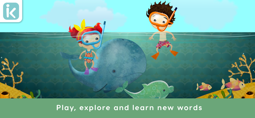 Peg and Pog characters snorkeling underwater with a blue whale to learn new words