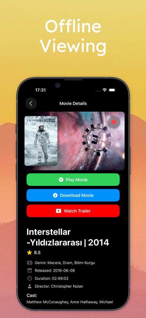 Maximus: IPTV Player M3U Cast - Maximus IPTV Player movie details screen highlighting offline viewing and download features