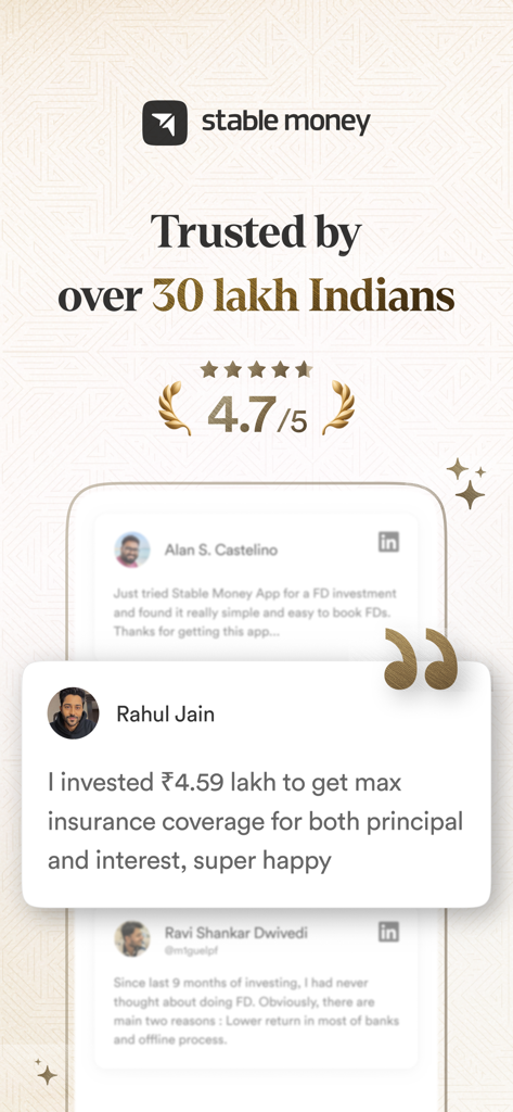 A screenshot showing that Stable Money is trusted by over 30 lakh Indians with a 4.7 star rating and featured customer testimonials.