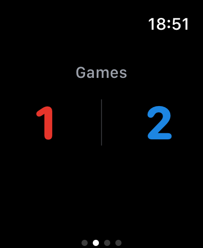 Pantalla de Apple Watch mostrando un marcador de juegos de partido de tenis de uno a dos