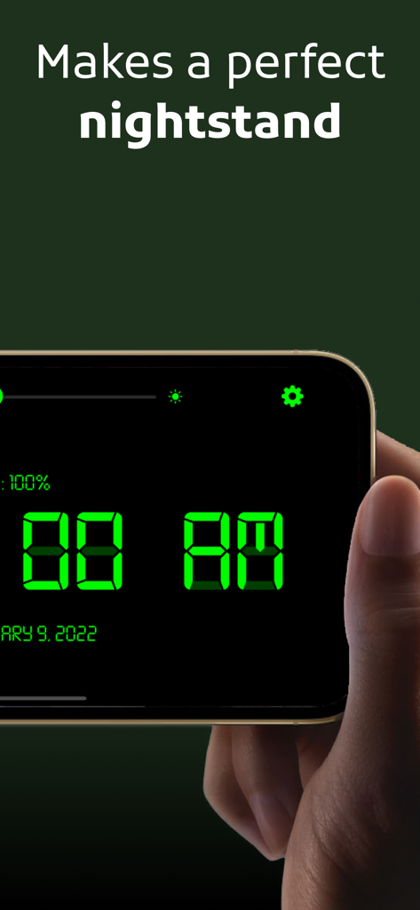 Digital Clock: Night Stand-by - Digital clock app on a smartphone in landscape mode used as a nightstand clock with green digits