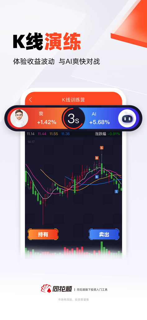 同花顺模拟炒股-轻松股票入门 - Interfaccia mobile dell'app Tonghuashun con un modulo di formazione sul grafico K-line e competizione di trading AI