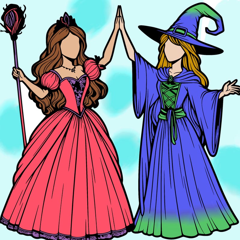 detailed realistic split of a princess and a witch