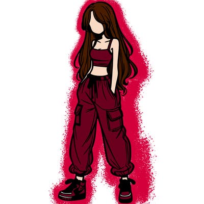 girl in baggy pants crop top and long hair