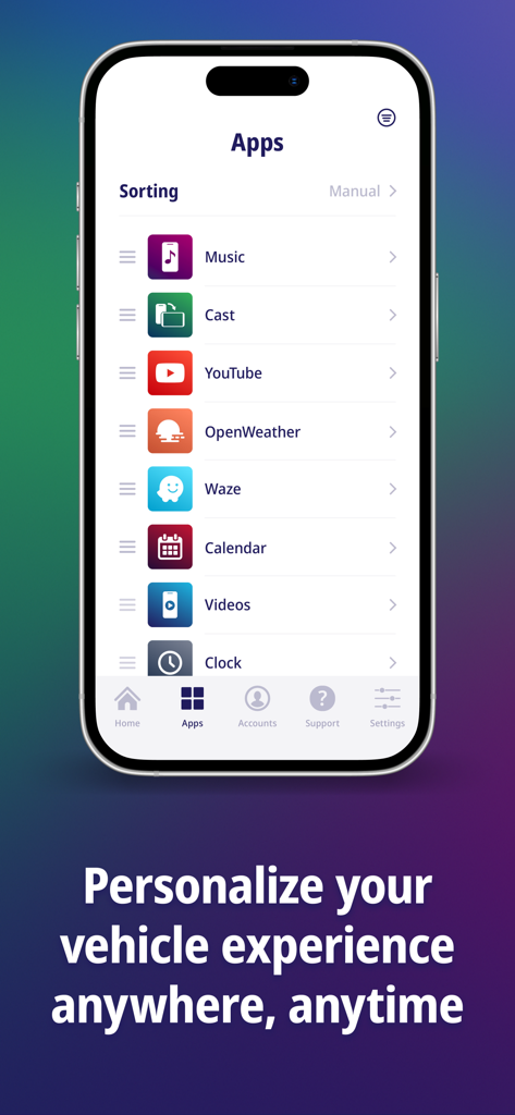 Smartphone screen displaying the WebLink Host app list and personalization options for vehicle infotainment