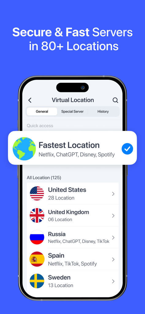 Interface of the VPN for iPhone app displaying a list of global server locations and the fastest location option for streaming services