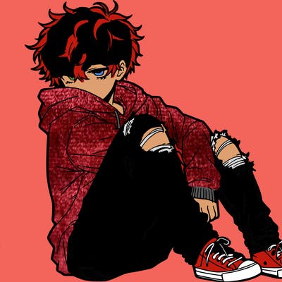 a male hoddie ripped jeans messy hair anime