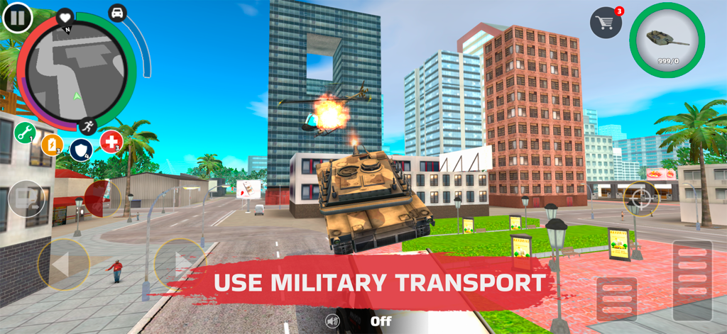 Un tanque militar en acción dentro de una calle de una ciudad en 3D en Rope Hero Vice Town