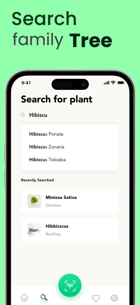 Oberfläche der Pflanzenidentifikations-App mit einer Suchleiste mit Vorschlägen für Pflanzenarten und zuletzt gesuchten Verläufen.