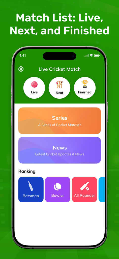 Live Cricket TV HD : IPL 2025 - Live cricket app interface showing match lists news and player rankings