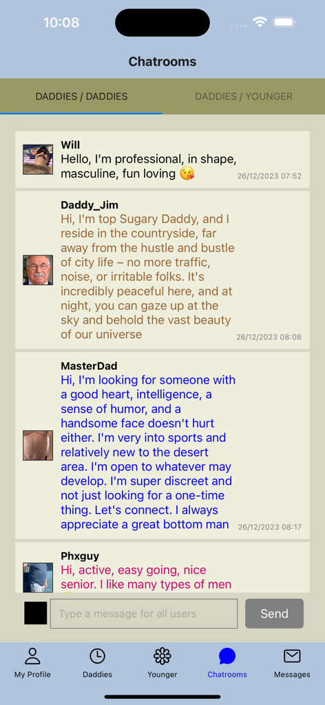 Gay Older Men Chat - Chatroom screen in the Gay Older Men Chat app showing public messages from mature men.