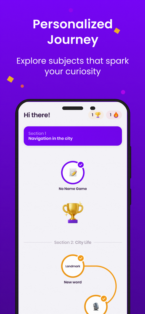 Leya AI: Learn English Fast - Interface of Leya AI app showing a personalized English learning path with sections on city navigation and city life