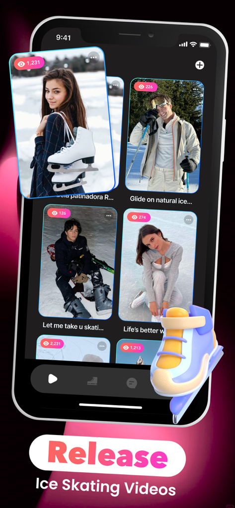 Rosie - Live Chat, Video Call - A mobile phone display showing a feed of ice skating videos and user profiles on the Rosie app.
