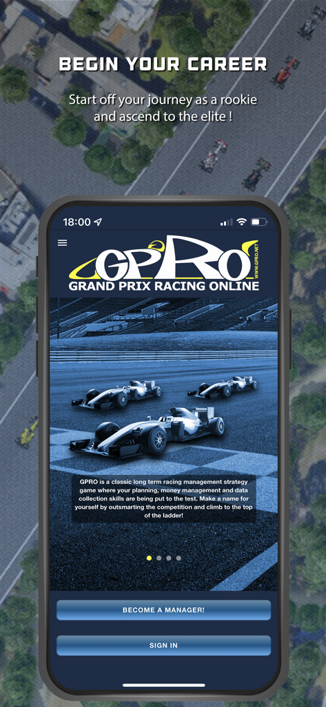 Tela inicial do aplicativo GPRO Grand Prix Racing Online com opções para entrar ou se tornar um gerente de corrida