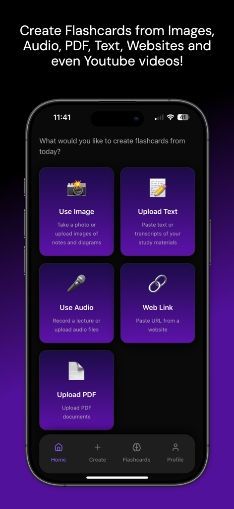 Interfaz de la aplicación móvil Flashrecall mostrando opciones para crear tarjetas de memoria a partir de imágenes, audio, texto y documentos.