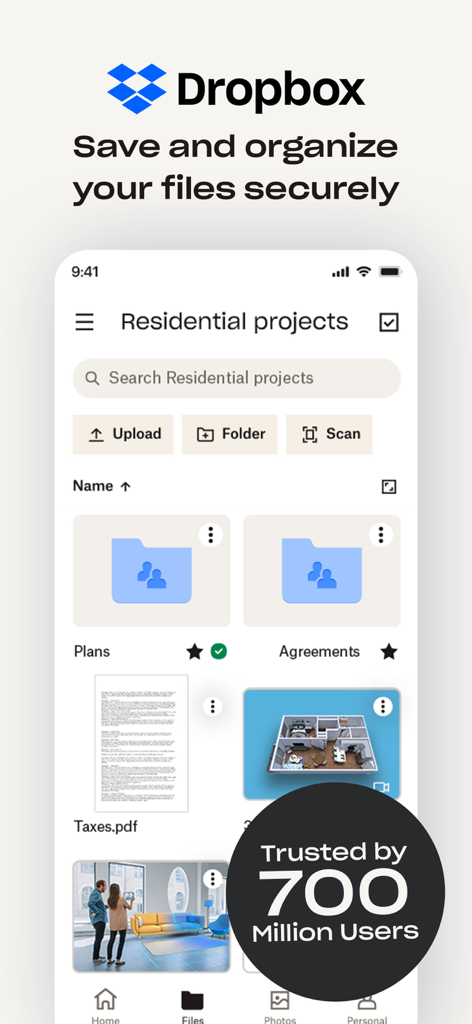 Dropbox mobile app interface showing file organization and secure storage folders