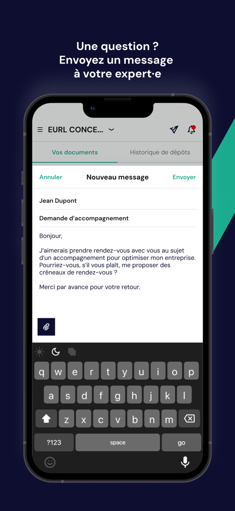 Messaging interface in the RYDGE Conseil app for contacting business experts