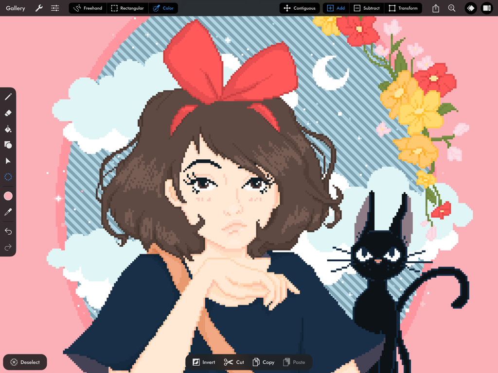 Pixaki 4 Pro - Pixaki 4 Pro App-Oberfläche, die eine Pixel-Art-Illustration eines Mädchens und einer schwarzen Katze zeigt