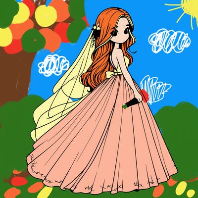 realistic girl in flowing wedding dress