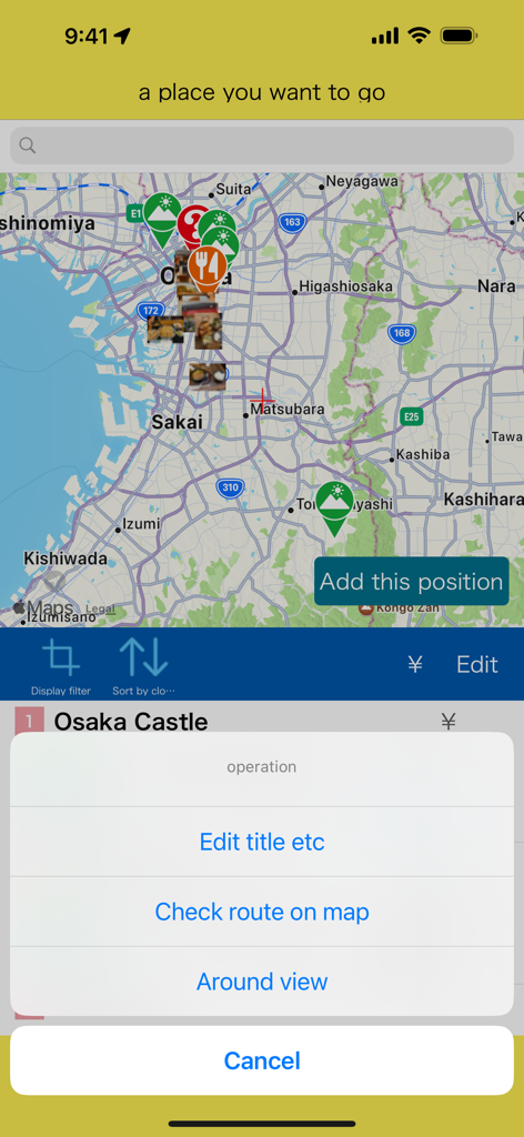 We love OSAKA - Una captura de pantalla móvil de la aplicación We love OSAKA que muestra un mapa de la ciudad con pines de ubicación y un menú de navegación con opciones para ver rutas y áreas circundantes