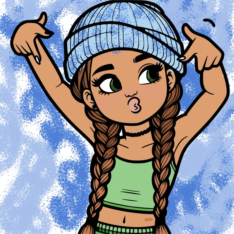 realistic teenage girl with braids and a beanie and crop top doing 🫶🏼