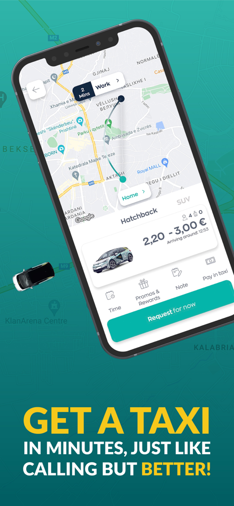 ETAXI. - ETAXI app interface for booking an electric taxi showing map and fare estimate