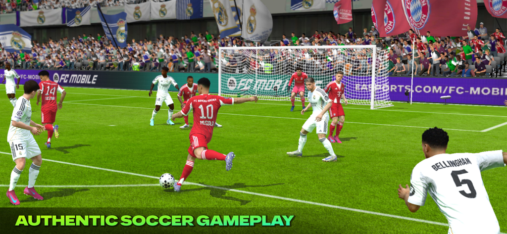 A soccer match in EA SPORTS FC Mobile between Real Madrid and FC Bayern Munich showing authentic gameplay with players like Jude Bellingham
