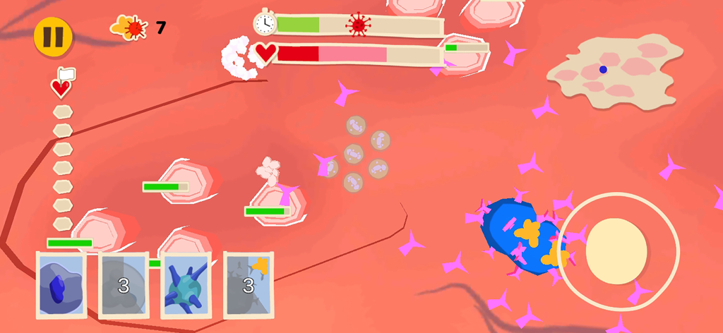 Gameplay screenshot of Cells in Action showing an immune cell defending against viruses inside the body.