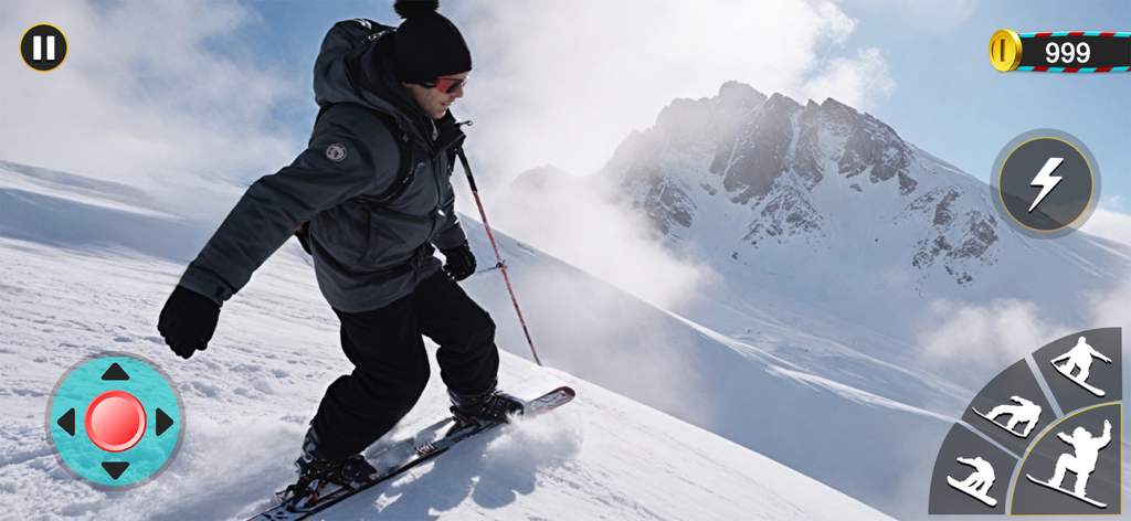 Skate Snowboarding - Ski Games - Gameplay of a snowboarding game showing a rider on a mountain with mobile controls and stunt icons