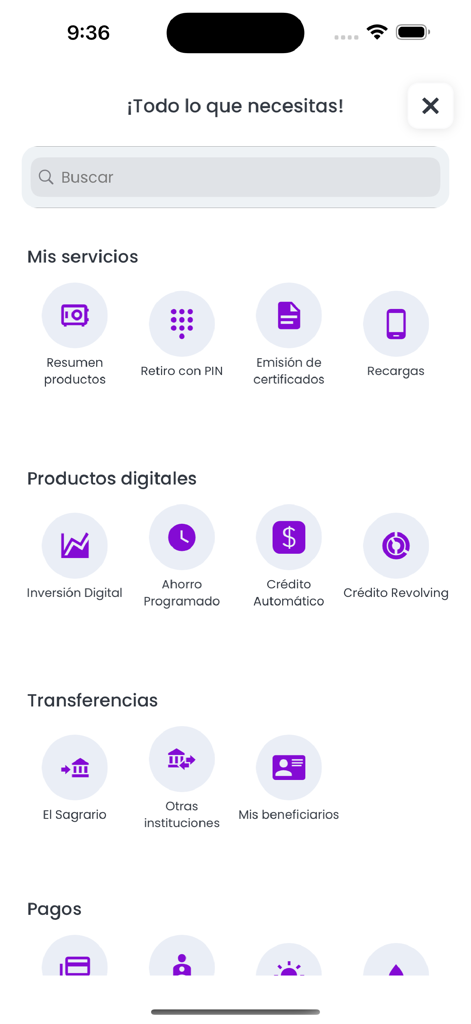 El Sagrario - Interfaz móvil de la aplicación bancaria El Sagrario que muestra varios servicios financieros como transferencias, productos digitales y pagos.