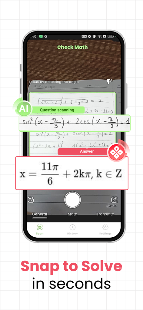 Math Solver－AI Homework Helper - A smartphone using an AI math solver app to scan and solve a handwritten trigonometry problem from a notebook.