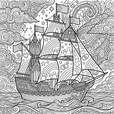 Dive into a unique coloring experience featuring a majestic sailboat adorned with Gothic architecture and vibrant Pride symbols. This intricate design blends melancholic elegance with celebratory spirit, perfect for art enthusiasts.