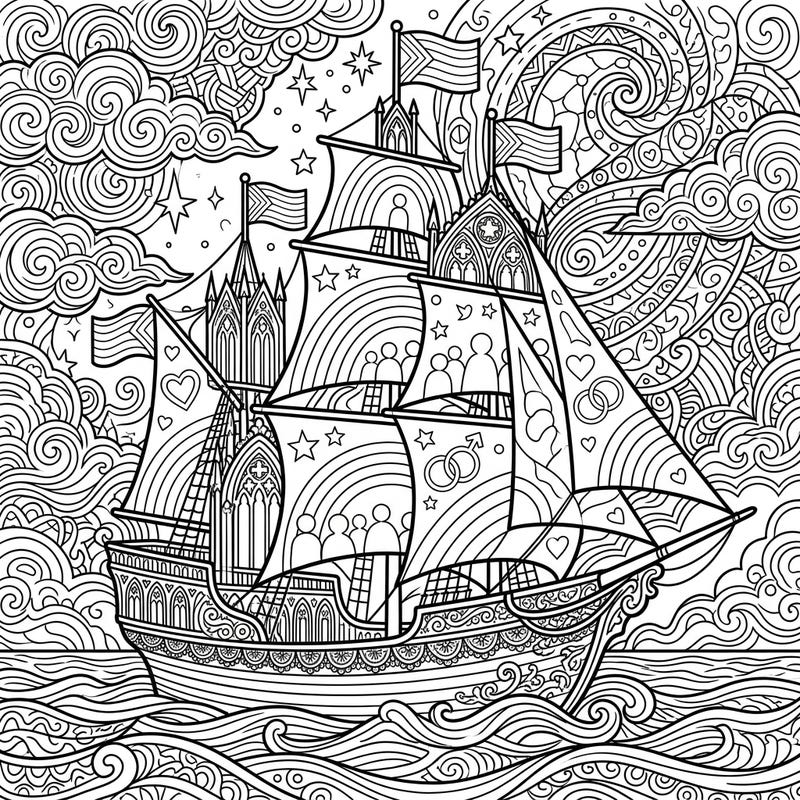 Dive into a unique coloring experience featuring a majestic sailboat adorned with Gothic architecture and vibrant Pride symbols. This intricate design blends melancholic elegance with celebratory spirit, perfect for art enthusiasts.
