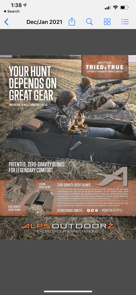 Wildfowl Magazine - Advertisement for ALPS OutdoorZ zero-gravity layout blinds featuring hunters in camouflage gear