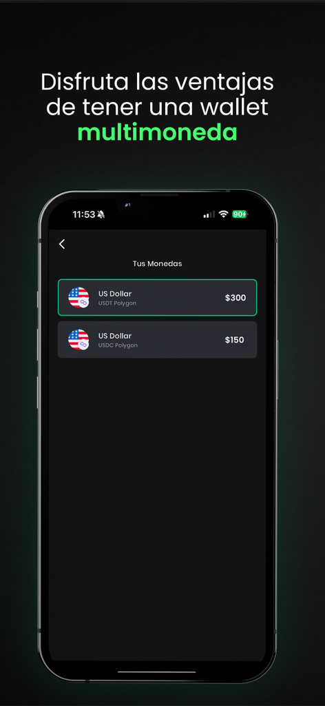 Coco Wallet - Banca Digital - Coco Wallet mobile app screen displaying digital dollar balances in USDT and USDC on the Polygon network.