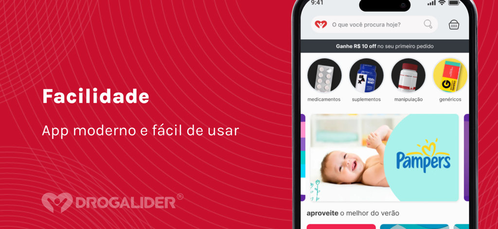 Drogalider - Drogalider pharmacy app interface showing product categories and promotional banners in Portuguese