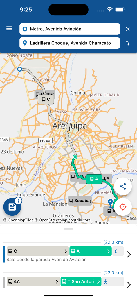 Arequipa Bus - Interface de mapa do aplicativo Arequipa Bus mostrando rotas e direções de transporte público