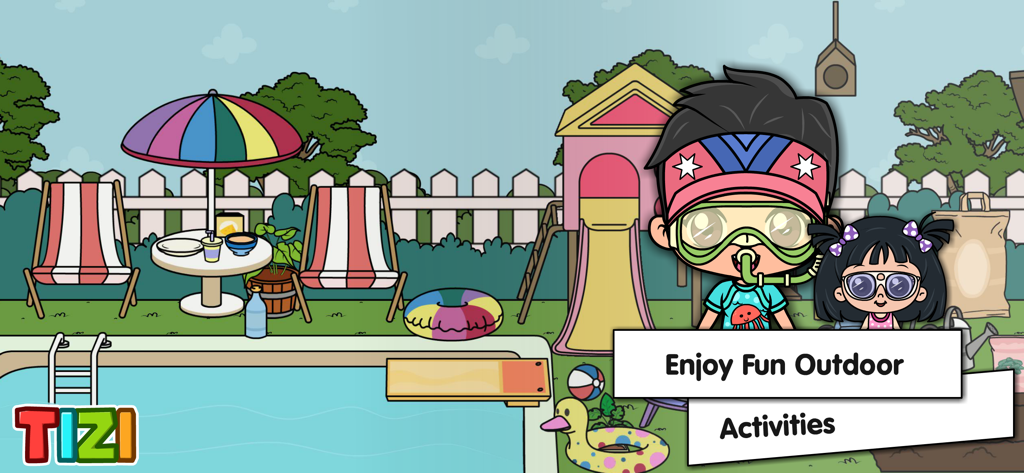 Tizi Town characters by a mansion swimming pool with a slide and lounge chairs