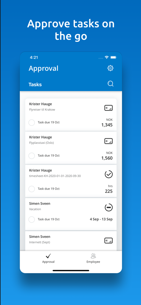 Interfaz de la aplicación móvil Visma Manager que muestra una lista de tareas pendientes de aprobación, incluidos gastos de viaje y solicitudes de vacaciones.
