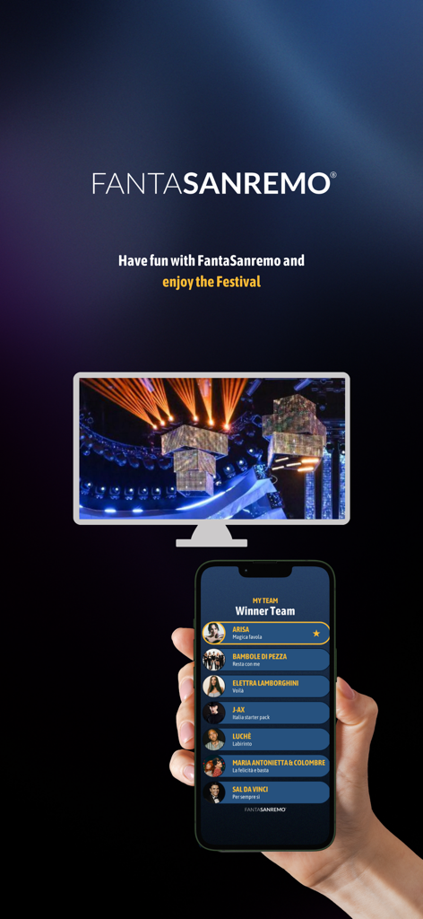 FantaSanremo - Una mano sosteniendo un smartphone que muestra la pantalla de selección de equipo de fantasía de la aplicación FantaSanremo