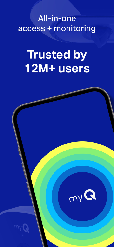 myQ Garage & Access Control - Smartphone-Bildschirm für die myQ Garagen- und Zugangskontroll-App, die eine All-in-One-Überwachung hervorhebt, der 12 Millionen Nutzer vertrauen