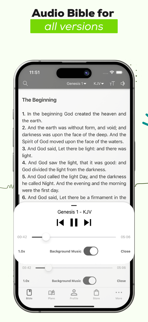 Bible Offline JFA - Un smartphone affichant l'application Bible Offline JFA avec le texte de la Genèse 1 de la version King James et un contrôle de lecture audio actif superposé.